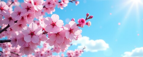 Fototapeta premium Delicate pink cherry blossom tree against a blue sky, sky, spring, cherry blossom