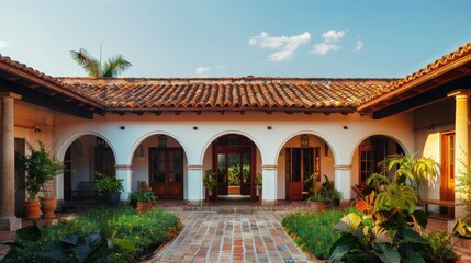 Fototapeta premium Elegant Spanish-style courtyard with classic archways, warm stucco walls, and lush greenery 