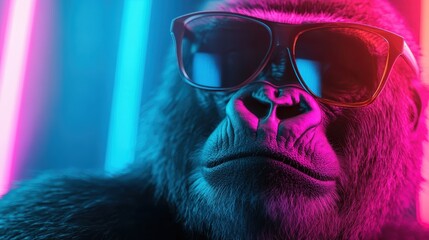 A close-up shot of a gorilla confidently wearing sunglasses against a backdrop of vibrant neon lights, capturing its charismatic personality with a modern twist.
