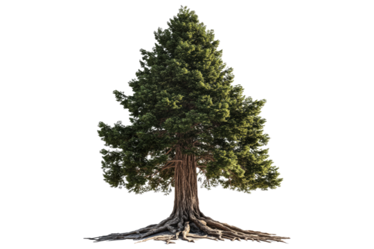 Tall redwood tree with massive roots sprawling beneath it isolated on white or transparent, PNG