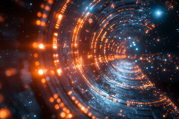 A vibrant, futuristic 3D scene of a glowing blockchain network floating in space with digital particles moving around.