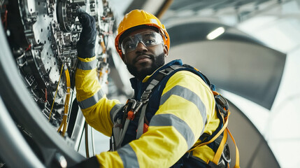 maintenance engineer in yellow safety vest and helmet works on machinery, showcasing expertise and focus