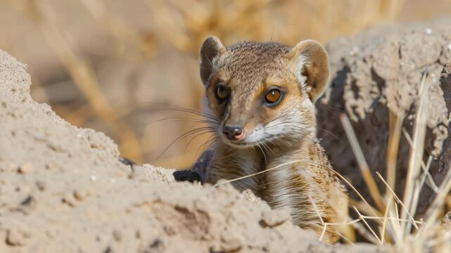 Close-up of a yellow mongoose peeking from its burrow in a sandy environment, highlighting its curious expression and sharp details. ai