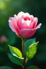 Delicate pink petals unfolding on a stem with glossy green leaves, leafy greens, blossoms,