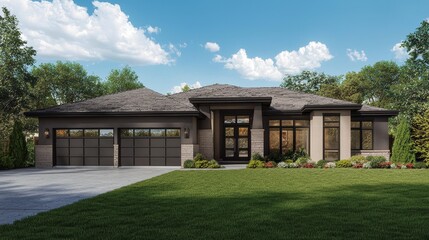 Contemporary ranch-style home with a sleek design, neutral tones, and a large green lawn
