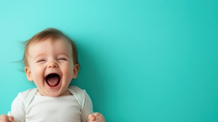 A joyful baby is seen with eyes closed in delight, showcasing pure contentment while nestled in a gentle blue backdrop, reflecting happiness and innocent joy.