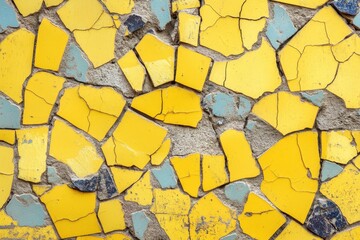 Yellow and blue tile shards embedded in concrete matrix