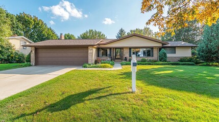 Fototapeta premium Modern farmhouse with black roof, white siding, and a spacious front yard in a suburban setting 