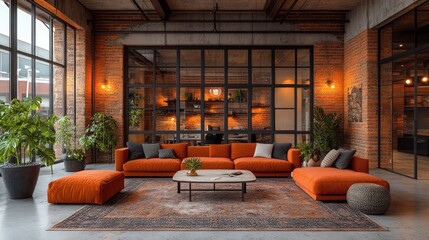 Here's a 10-word description: Orange sectional sofa, area rug, plants,