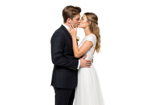 Beautiful young bride and groom kissing, isolated