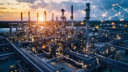 A city skyline with a large industrial plant in the background. The sky is cloudy and the sun is setting