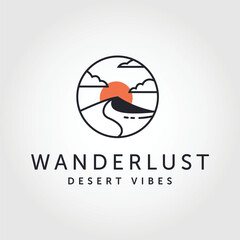 Abstract simple desert logo with line art style on white background, sun and desert logo