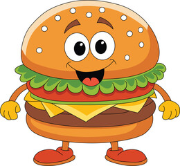  Cute Cartoon Burger Mascot Vector Illustration  Happy Fast Food Character with Cheese and Lettuce