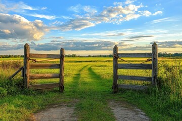 Open wooden gate leading to green field under cloudy sky