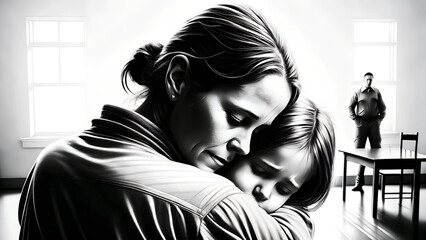 Mother embraces young daughter during prison visit. Guard observes emotional reunion in sterile visiting room.Concept: Family support programs, Children's services, Visitation rights