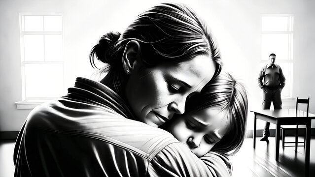 Mother embraces young daughter during prison visit. Guard observes emotional reunion in sterile visiting room.Concept: Family support programs, Children's services, Visitation rights