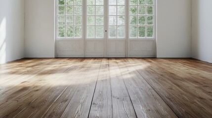 A bright and spacious empty room featuring wooden floors and large windows, suggesting new beginnings and endless possibilities in a minimalist setting.