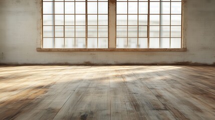 An aesthetically pleasing vintage-style room with rustic wooden flooring and large windows creating a calming ambiance, perfect for relaxation and creativity.