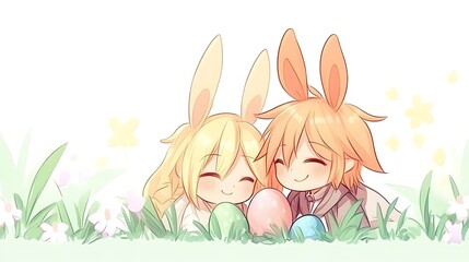 Easter Bunny Joyful Celebration with Eggs and Springtime Ambiance Featuring Anime Style Characters