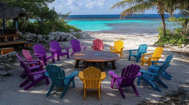 Colorful Adirondack Chairs Surround Round Table on Tropical Beach