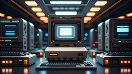 a row of retro computers with glowing screens, in a futuristic setting. This image captures the essence of the past and the future, with a touch of nostalgia and technology.  