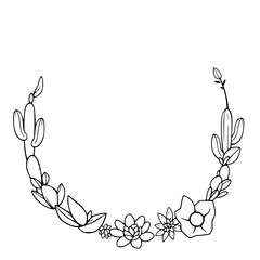 Outline half-circle frame, featuring a cactus and other plants.