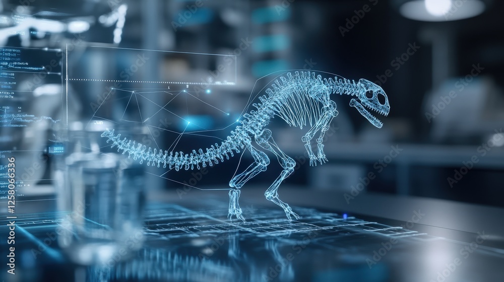 Poster futuristic dinosaur skeleton in laboratory with digital elements