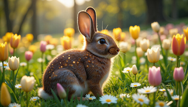 The Wheel of the Year. Mystical hare surrounded by blooming flowers in lush meadow, Ostara symbolism