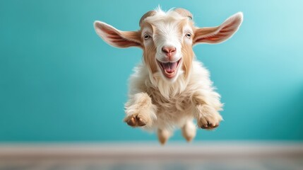 A lively goat captured mid-jump, showcasing an enthusiastic expression, embodying the spirit of joy and energy in a vibrant, cheerful setting, full of fun and innocence.