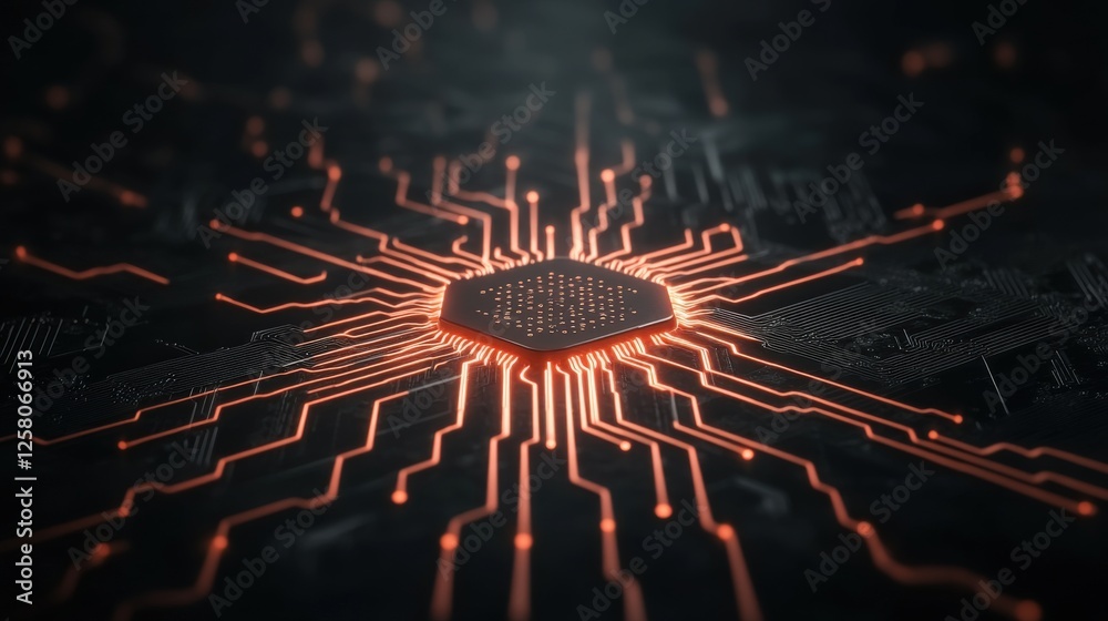 Aufkleber futuristic microchip with glowing connections on dark background