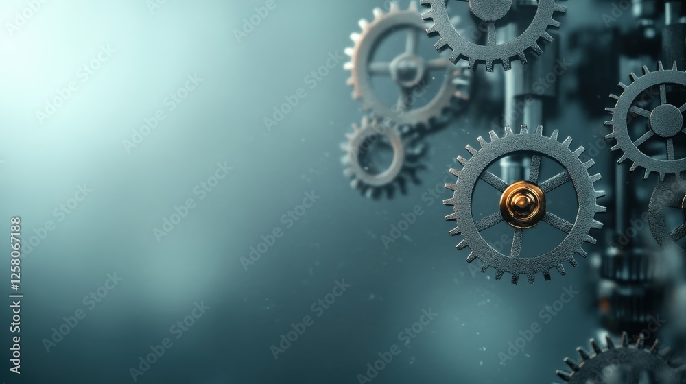 Poster Intricate Metallic Gears Interconnected in a Mechanical Assembly