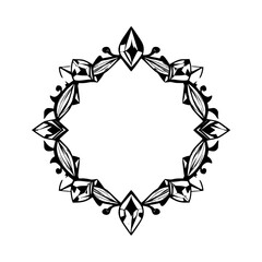 Detailed black and white symmetrical illustration of a decorative floral frame with a gem-like form, set against a solid white background.