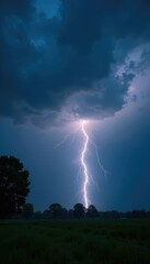 Mysterious storm clouds with lightning illuminate the darkening sky, casting an eerie glow on the landscape, rain, nature