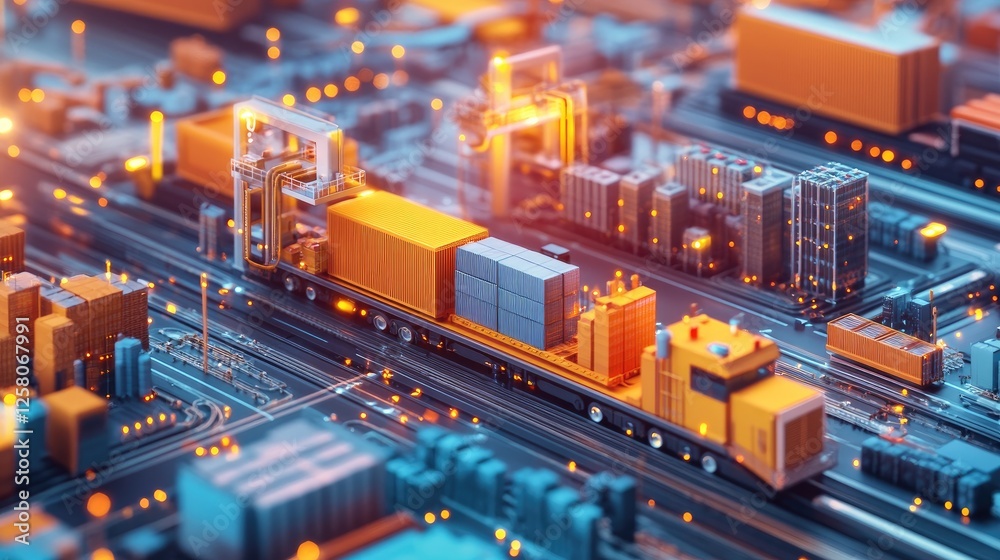 Poster 3d visual of an efficient supply chain, illustrating interconnected logistics, resource management, 