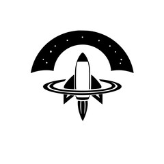 Fototapeta premium Abstract:A stylized image of a rocket ascending through the black-space void, with stars in the sky. The image shows a minimal representation with a spacecraft motif. Keywords. Rocket, Space, Launch