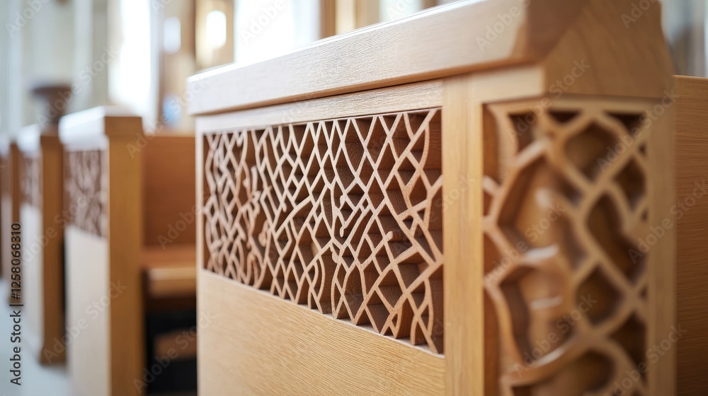 Aufkleber a beautiful blend of tradition and modernity, featuring geometric patterns and designs in wooden pew