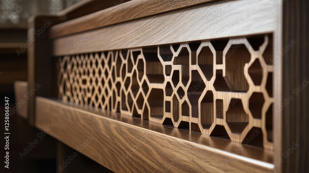 Poster a beautiful blend of tradition and modernity, featuring geometric patterns and designs in wooden pew