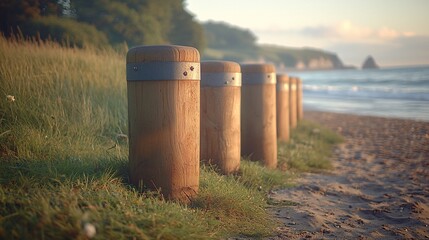 Obraz premium Coastal wooden posts, sandy beach, sunset, ocean waves