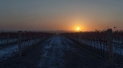 Fototapeta premium Stunning Sunrise over Snowy Vineyard Rows