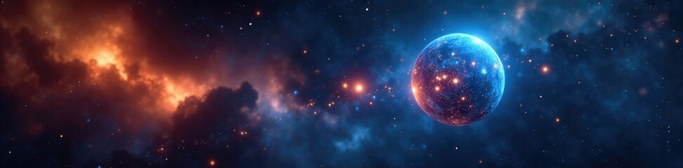 Obraz premium Orange and blue glowing orbs suspended in the darkness of space, nebulas, space
