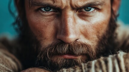 A close-up of a masculine man with a rugged beard and intense gaze, capturing raw emotions and character, embraced by a bold monochromatic theme that emphasizes strength.