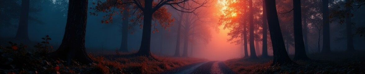 Fototapeta premium Orange hues seeping through misty forest on a cold night, foliage, nighttime