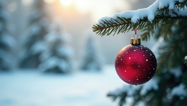 Ornament-adorned branch in a snowy landscape with distant snow-covered trees, snow, christmas tree branches snow ornaments bokeh
