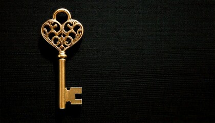 golden antique key on a black background isolated decorated gold security symbol vintage love heart heart-shaped