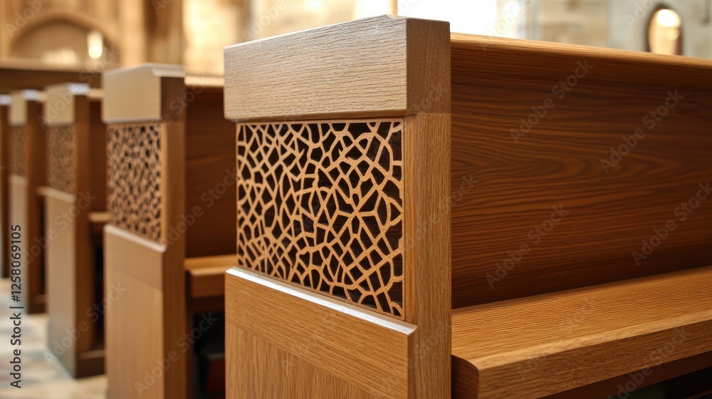 Aufkleber A captivating design reflecting intricate geometric patterns found in handcrafted wooden pews, blending traditional craftsmanship with modern aesthetics in a harmonious display.