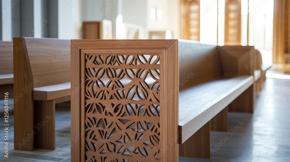 Poster A captivating design reflecting intricate geometric patterns found in handcrafted wooden pews, blending traditional craftsmanship with modern aesthetics in a harmonious display.