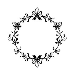 An ornate floral illustration of a decorative frame, featuring swirling vines and flowers, in black on white.