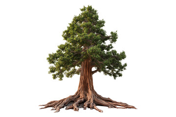 Tall redwood tree with massive roots sprawling beneath it isolated on white or transparent, PNG