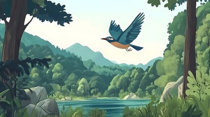 Serene Kingfisher Flying Over Lush Green Landscape