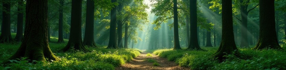 Overgrown coniferous forest with deciduous trees, woodland, natural scenery, coniferous trees